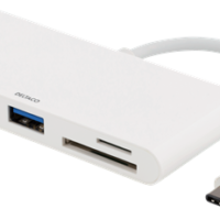 DELTACO USB 3.1 Gen 1 -hubi, 3 x USB Type A naaras, SD-/microSD