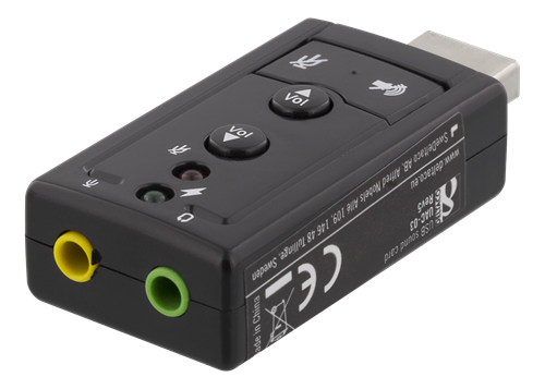 DELTACO USB-äänikortti, kuuloke- ja mikrofoniliitokset, äänensäätö, äänenvaimennus